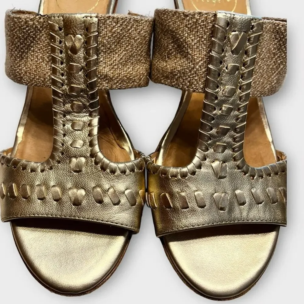 JACK ROGERS Nora Neutral Tan & Metallic Gold Wedge Sandals Size 8.5